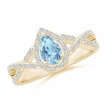 ANGARA Twist Shank Pear Aquamarine Ring with Diamond Halo for Women in 14K Gold - £1,018.00 GBP