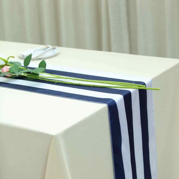 Navy White 12X108&quot;&quot; Satin Stripes Table Top Runner Wedding Party Decorat... - $6.66