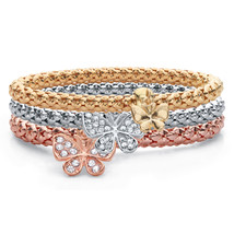 PalmBeach Jewelry Tri-Tone Goldtone Crystal Butterfly Stretch Bracelet Set 8&quot; - £21.93 GBP