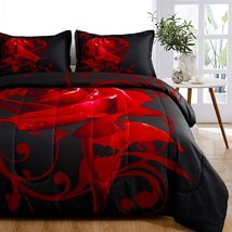 Wongs Bedding Red Comforter Set Queen Reversible Red Rose Pattern Printed - $55.97