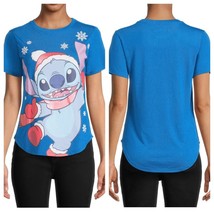 Stitch Women&#39;s Graphic Christmas Holiday Blue T-Shirt W/ Short Sleeves SZ XL - £6.41 GBP