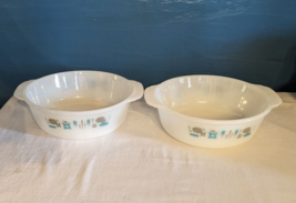 VTG Pair of Fire King Blue MCM Heaven Atomic Casserole Dishes 8.5&quot; Round Baking - £18.91 GBP