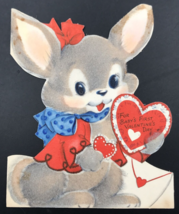 VTG Hallmark Hall Bros Fuzzy Rabbit Baby&#39;s First Valentine&#39;s Day Greeting Card - £8.17 GBP