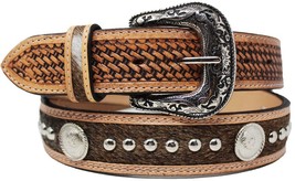 Western 1-1/2&quot; Basket Tooled Studded Cowhide Hairon Full-Grain Leather Belt - £46.40 GBP