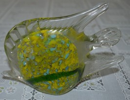 Unique Yellow, Green &amp; Turquoise on clear Glass Fish Figurine 4.5&quot; Tall, ar - £15.95 GBP