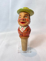 Folk Art Mechanical Hat Lifts Up Man Vtg Carved Wood Wine Liquor Bottle Stopper - £39.65 GBP