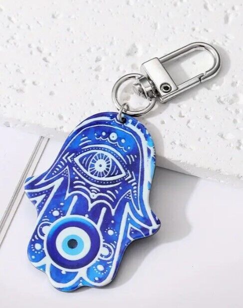 Primary image for Good Luck Blue Eyes Hamsa or Hand Of Fatima Charm Clip Purse Bag Backpack Car