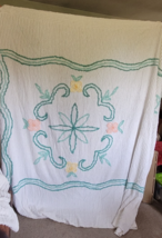 Vintage Bedspread Chenille Teal White Peach Flowers Bedroom Cottage Char... - $119.99