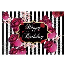 7X5Ft Floral Happy Birthday Party Backdrop Roses Flowers Black And White Stripes - £15.17 GBP