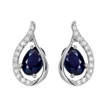10k White Gold Genuine Oval Sapphire and Diamond Curved Halo Drop Earrings - £151.86 GBP