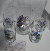 5 Pc Avon Wild Violets Water Pitcher Glasses Tumblers Walsh Vintage Signed - £27.85 GBP