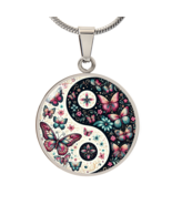 Pink Butterflies Yin Yang Luxury Graphic Circle Necklace - $75.15 CAD+