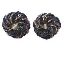 Sparkly Cluster Swirl Beaded Earrings Estate Bugle Purple Blue Button Blue Clips - £14.23 GBP