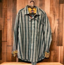 Robert Graham Mens Button Up Shirt Teal Stripe Flip Cuff  100% Cotton XL - £46.45 GBP