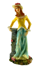 Victorian Lady Figurine Resin Sculpture Leaning on Column Blue Yellow Dress - $17.81