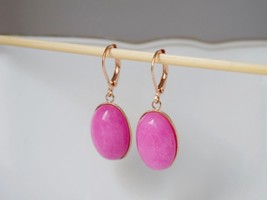 Pink Jade Earrings, Rose Gold, Oval Gemstone Huggies, Pink Pendant, Dangle Drop  - £26.29 GBP