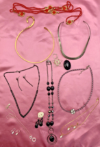 Lot of 8 Necklaces 4 P. Earrings 2 Pendants Costume Gold-Silver-tone Black Red - $23.70
