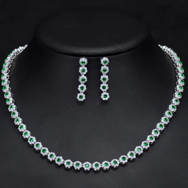 Elegant Green Crystal and CZ Stone Costume Earrings Necklace Jewelry Sets for Wo - £33.80 GBP