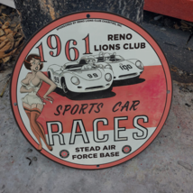 1961 Vintage Reno Lions Club Sports Car Races Stead Air Force Porcelain Sign - £118.64 GBP