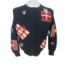 Vintage Ugly Sweater Small Women 100% Wool 1990s Hand knit blue cardigan Xmas - £19.45 GBP