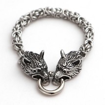 Never Fade Nordic Punk Viking Wolf Charm Bracelet Men Stainless Steel Chain Wris - £23.71 GBP