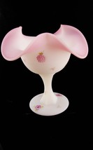 Fenton pink satin glass Signed Compote - raspberries and flowers - Crimped Pedes - £50.94 GBP