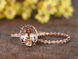 1CT Oval Cut Moraganite &amp; Diamond 14K Rose Gold Finish Bridal Wedding Ri... - $74.79