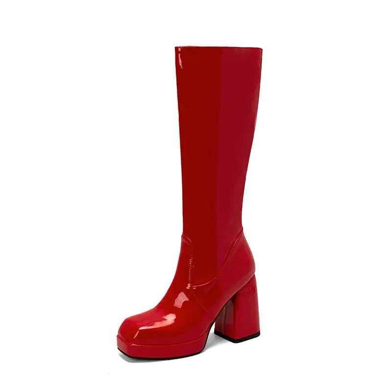 Womens Knee High Boots  Patent PU Leather Square Toe  Heels Side Zip Black boy B - £106.56 GBP
