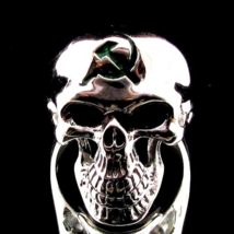 Sterling silver Skull ring Hammer and Sickle Communist symbol in Green enamel on - £98.29 GBP
