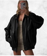 Oversized Black Leather Bomber Jacket: 90s Vintage Biker Style - $199.99