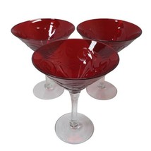 Red Art Glass Embossed Scroll 10 oz. Clear Stem Martini Glass Set of 3 - £21.55 GBP