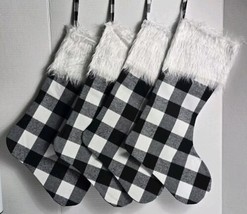 (4) 18&quot; Christmas Hanging Stockings Black White Buffalo Plaid Faux Fur Cuff - $15.82