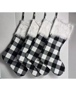 (4) 18&quot; Christmas Hanging Stockings Black White Buffalo Plaid Faux Fur Cuff - £12.44 GBP