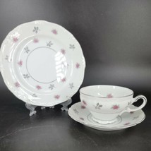 Vintage Tea Set Rosette Japan 3 pc Fine Bone China White Silver Trim Pink Flower - £14.69 GBP