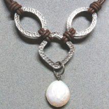 Solid Sterling Silver Silpada N1257 18” Hammered Necklace Leather Cord w/ Pearl - $35.32