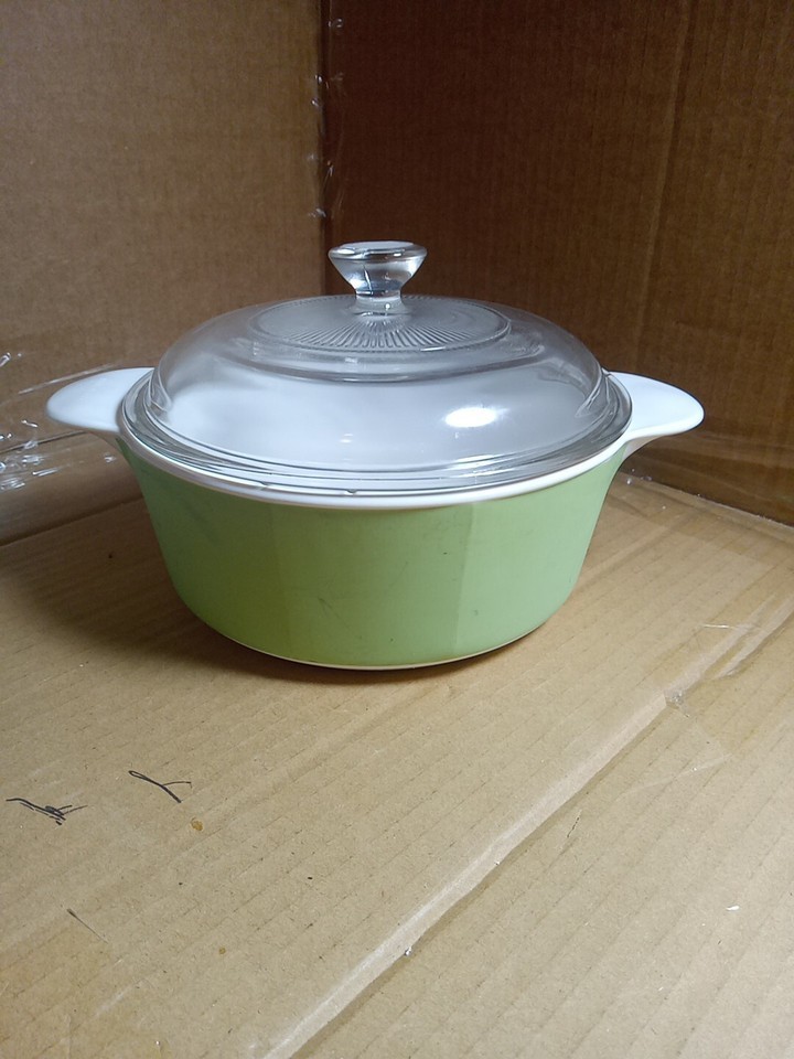 Pyrocream Vintage Rare 1.25 Liter Green and white Casserole dish with gl... - $29.99
