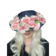 RETRO Vintage 1940s Womens Wide Brimmed Church Hat Pink Flowers Navy Blu... - $2,157.54 MXN