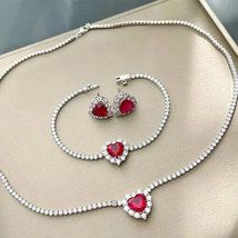 14Ct Heart Cut Simulated Ruby Tennis Necklace Set  Gold Plated925 Silver - £317.22 GBP