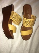 Italian Shoemaker mustard Yellow Wedge Sandal Shoe laser cut slide mule ... - $40.05