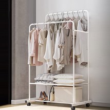 Garment Clothing Rack Double Rails Hanging Shelf Closet Storage W/Rolling Wheel - £68.72 GBP