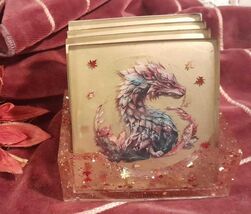 Coaster Set of 4 and Holder FALL LEAVES DRAGONS Unique Mixed Media Gifts... - $22.95