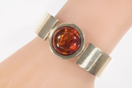 Vintage Sterling Silver Bezel Set Amber Bangle Bracelet 38.2g - £296.13 GBP