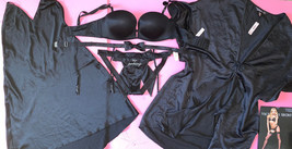 Victoria&#39;s Secret 34C Bombshell Bra Set+Garter+Slip+Robe Satin Black Bow Cutout - £158.64 GBP