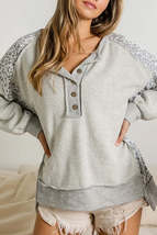 Gray Leopard Patchwork Exposed Seam Buttoned Neck Sweatshirt - £20.83 GBP+