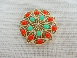 Vintage Sarah Coventry gold tone faux coral &amp; faux jade cabochon brooch - $15.00