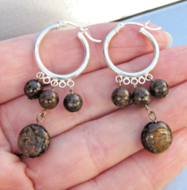 Sterling Silver Brown Jasper Bead Dangle Vintage Hoop Pierced Earrings - $14.80