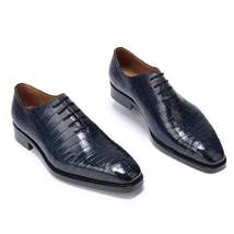 Handmade Men Dress Shoes Navy Blue Crocodile Embossed Calfskin Leather Shoes - £111.12 GBP