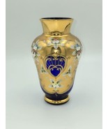 Crystalex Bohemia Czechoslovakia Floral Cobalt Blue &amp; Gold Gilding Vase - $2,041.46 MXN