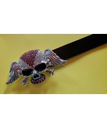RED CRYSTAL LARGE SKULL CHROME  BUCKLE &amp; Black Bonded Leather Belt All S... - €25,74 EUR