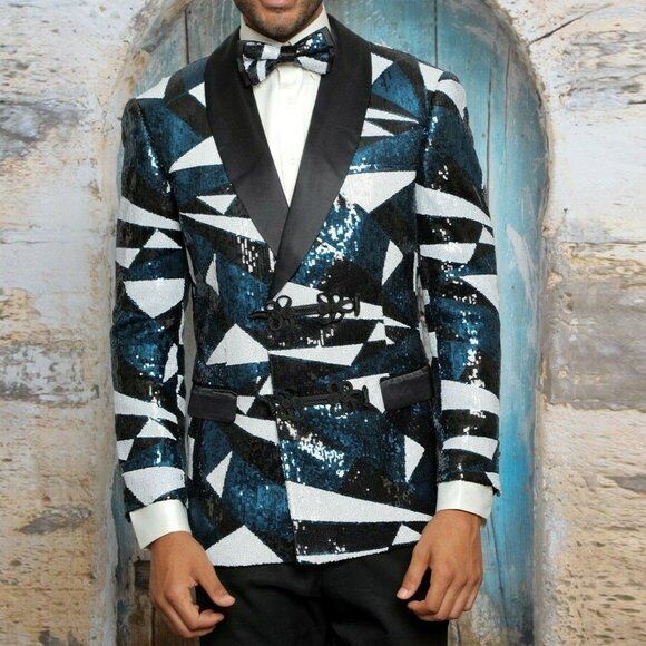 Primary image for Men's Manzini Blue | White | Black Fancy Sequins Sport Coat NWT